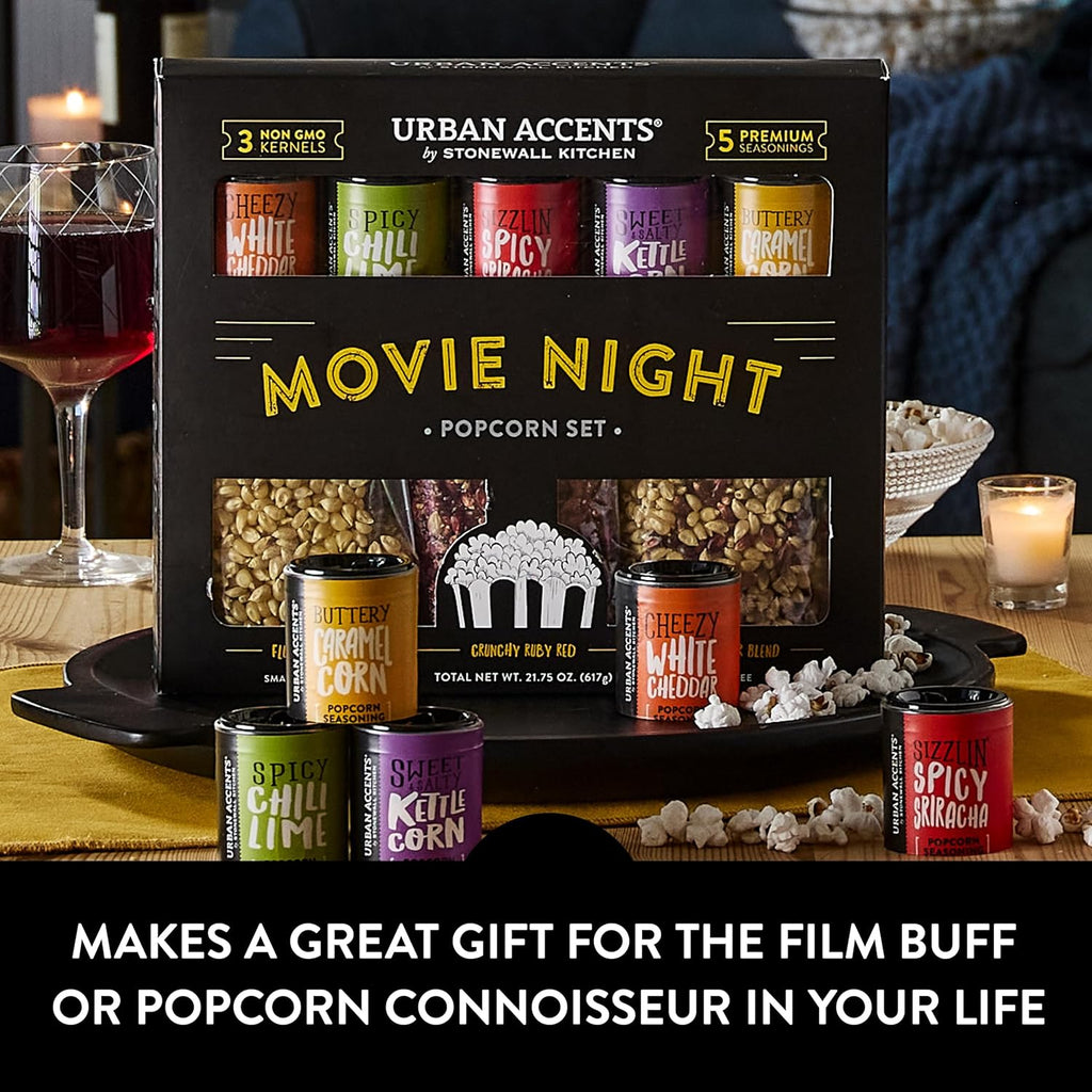 Movie Night Small-Batch Popcorn Gift Set – Includes 3 Gourmet Non-Gmo Popcorn Kernel Varieties & 5 Flavorful Seasonings – Perfect Snack Gift Box for Parties, Holidays, or Movie Lovers