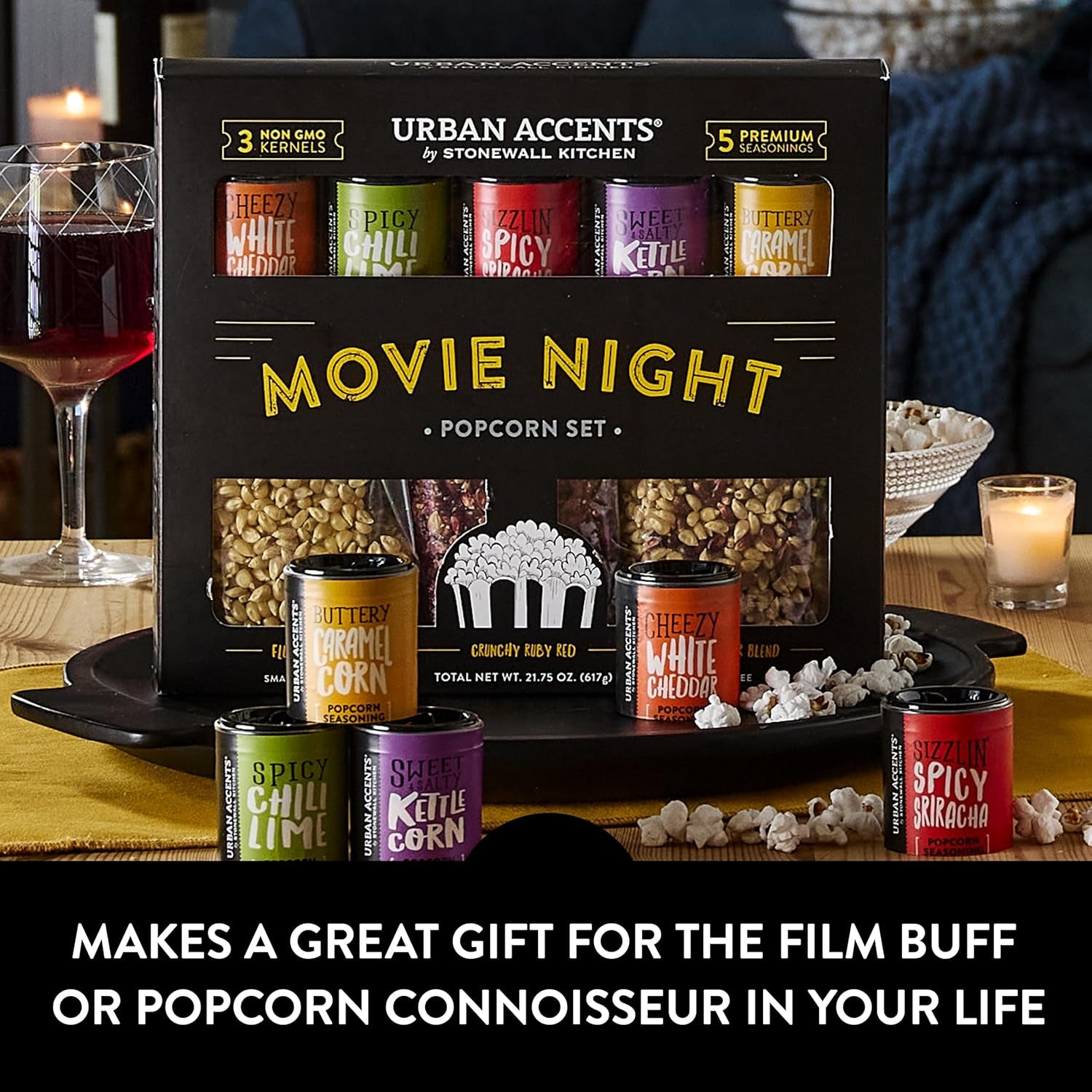 Movie Night Small-Batch Popcorn Gift Set – Includes 3 Gourmet Non-Gmo Popcorn Kernel Varieties & 5 Flavorful Seasonings – Perfect Snack Gift Box for Parties, Holidays, or Movie Lovers