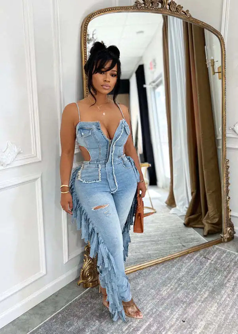 Hollow Out Tassel Jeans Jumpsuit Sexy Women Spaghetti Strap Elegant Streetwear Denim Pencil Overalls Romper
