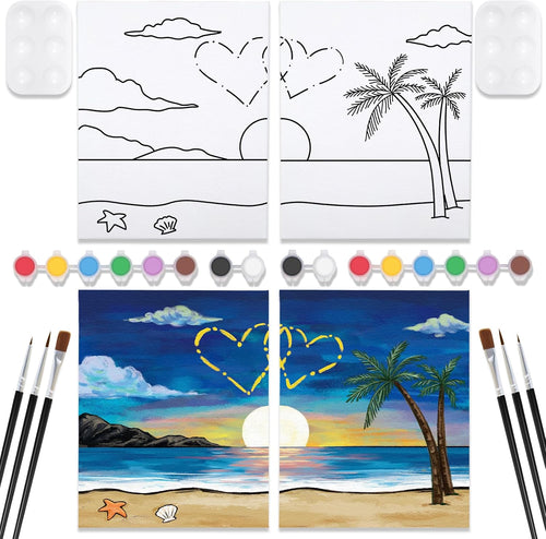 2 Pack Sip and Paint Kit Pre Drawn Canvas for Painting for Adults Couples Date Night Games Outline Canvas Party Art Set Paints Brushes Pallets Valentine (12X16 Inches, Beach and Heart)