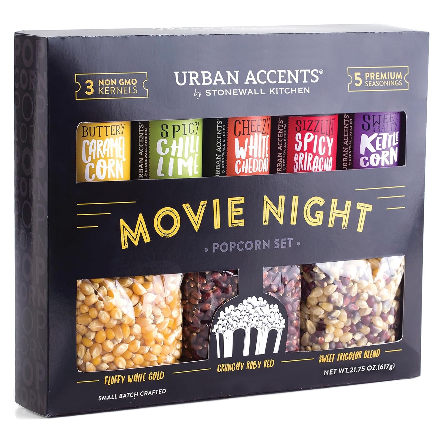 Movie Night Small-Batch Popcorn Gift Set – Includes 3 Gourmet Non-Gmo Popcorn Kernel Varieties & 5 Flavorful Seasonings – Perfect Snack Gift Box for Parties, Holidays, or Movie Lovers