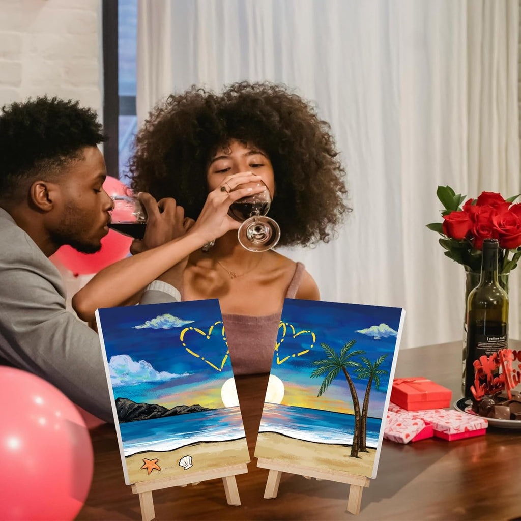 2 Pack Sip and Paint Kit Pre Drawn Canvas for Painting for Adults Couples Date Night Games Outline Canvas Party Art Set Paints Brushes Pallets Valentine (12X16 Inches, Beach and Heart)