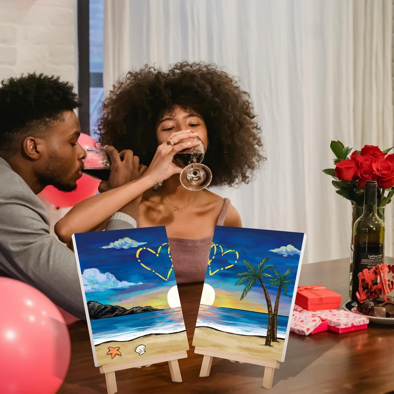 2 Pack Sip and Paint Kit Pre Drawn Canvas for Painting for Adults Couples Date Night Games Outline Canvas Party Art Set Paints Brushes Pallets Valentine (12X16 Inches, Beach and Heart)
