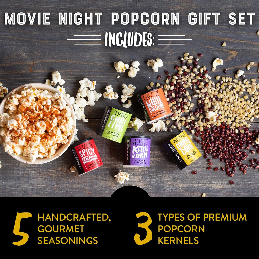 Movie Night Small-Batch Popcorn Gift Set – Includes 3 Gourmet Non-Gmo Popcorn Kernel Varieties & 5 Flavorful Seasonings – Perfect Snack Gift Box for Parties, Holidays, or Movie Lovers