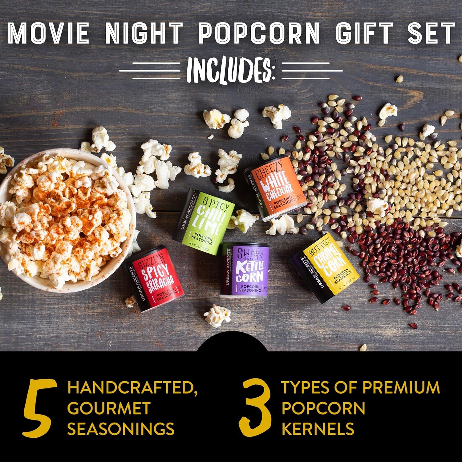 Movie Night Small-Batch Popcorn Gift Set – Includes 3 Gourmet Non-Gmo Popcorn Kernel Varieties & 5 Flavorful Seasonings – Perfect Snack Gift Box for Parties, Holidays, or Movie Lovers