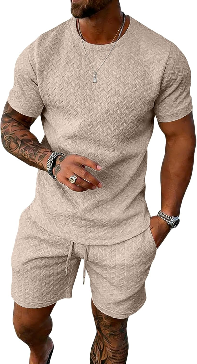 Mens Summer Outfits 2 Piece Short Set Casual Track Suits Matching Crew Neck Shirt and Vacation Shorts