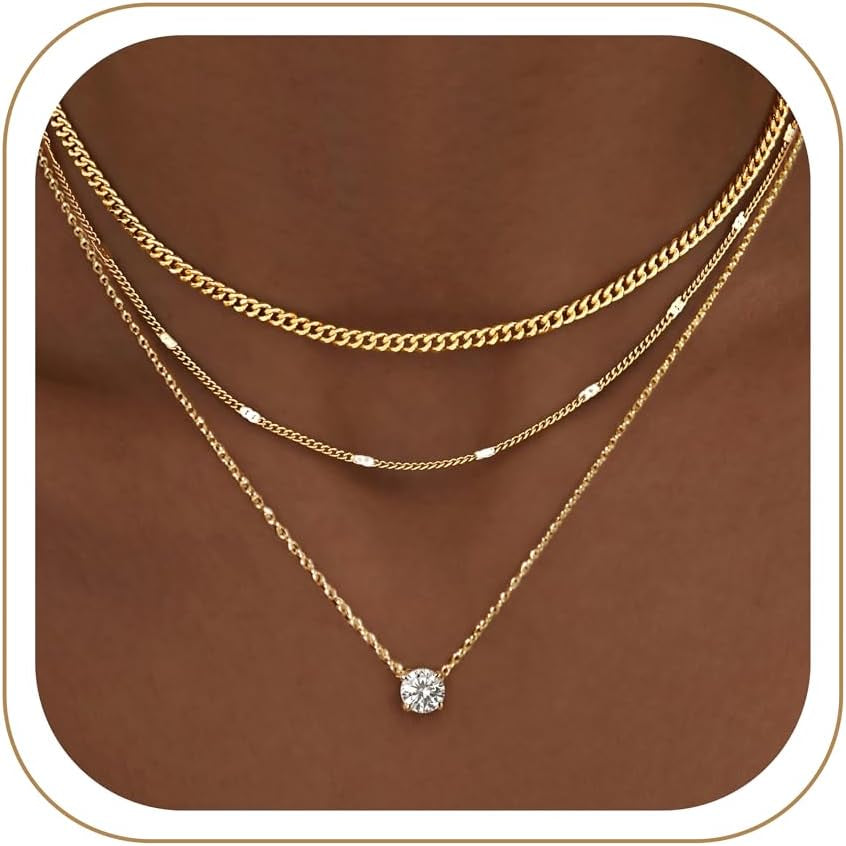 Layered Gold Necklaces for Women, 14K Gold Sterling Silver Plated Dainty Pendant Necklace Set Non Tarnish, Chunky Stackable Cuban Chain Choker, Trendy Personalized Birthstone Jewelry Gift for Mom