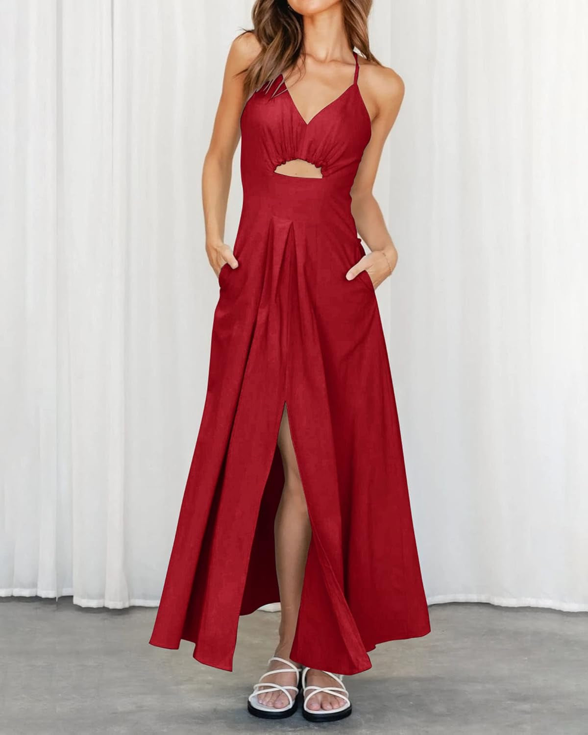 Women 2026 Spaghetti Strap Midi Summer Dresses Sleeveless V Neck Cutout Slit Casual Beach Party Maxi Dress Pockets