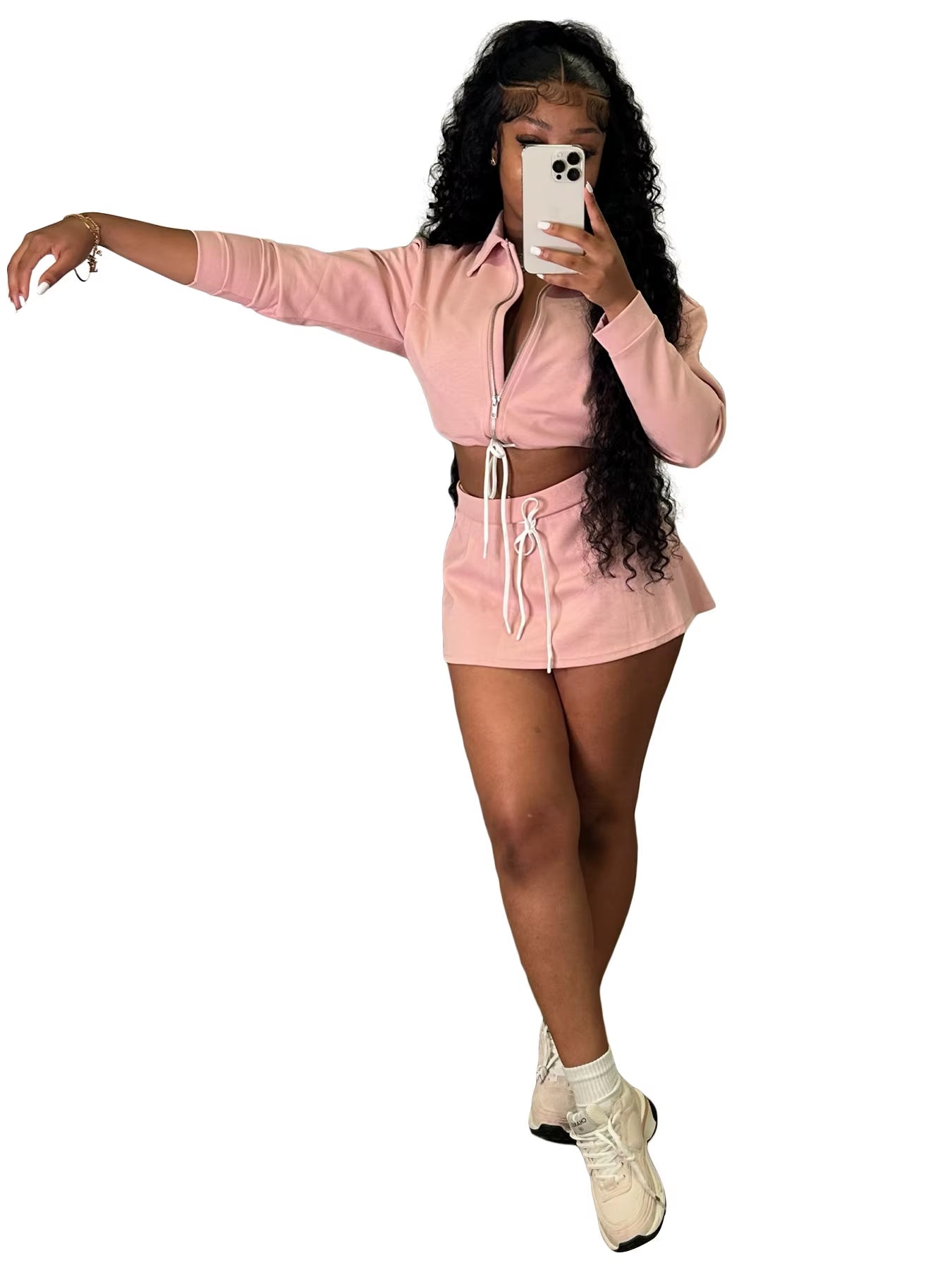 New Arrival Women Fashion Long Sleeve Turndown Neck Casual Crop Top Mini Skirt Shorts Women Casual Two Pieces Set