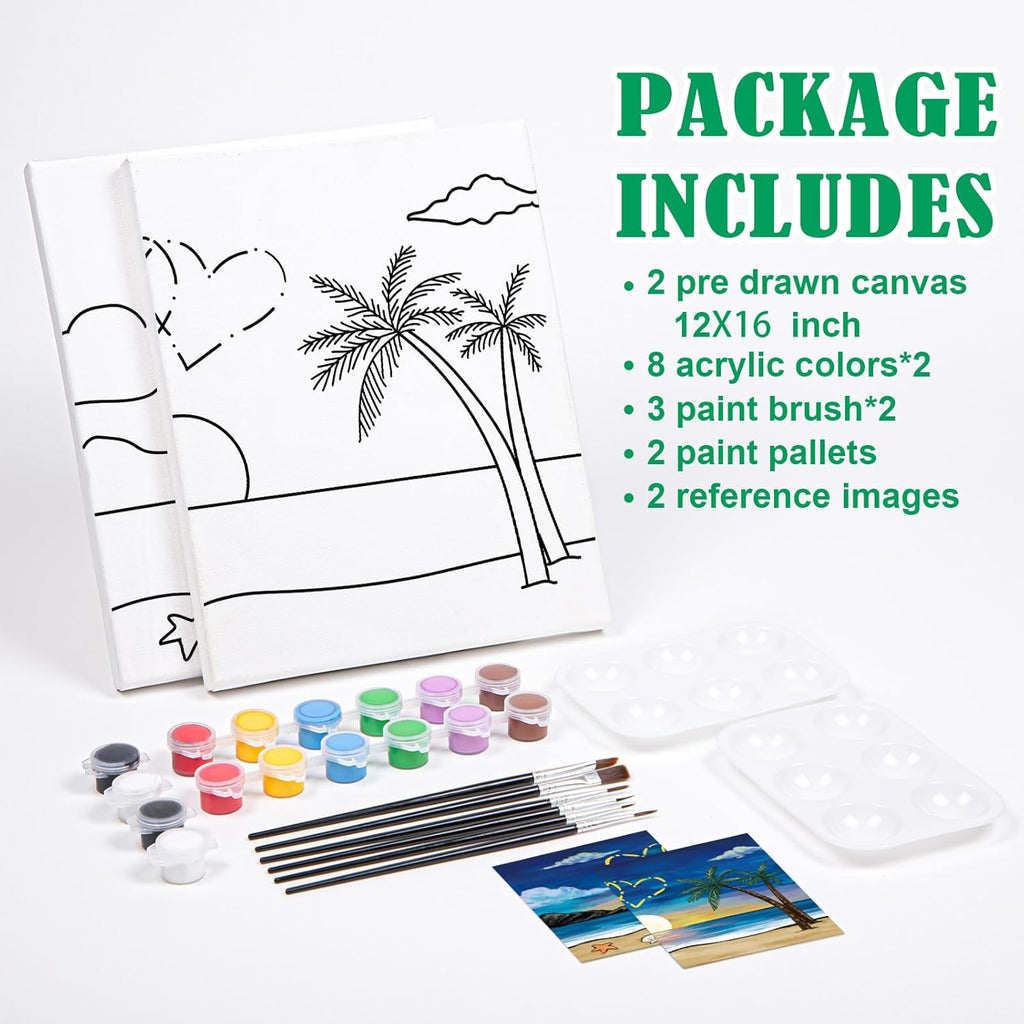 2 Pack Sip and Paint Kit Pre Drawn Canvas for Painting for Adults Couples Date Night Games Outline Canvas Party Art Set Paints Brushes Pallets Valentine (12X16 Inches, Beach and Heart)