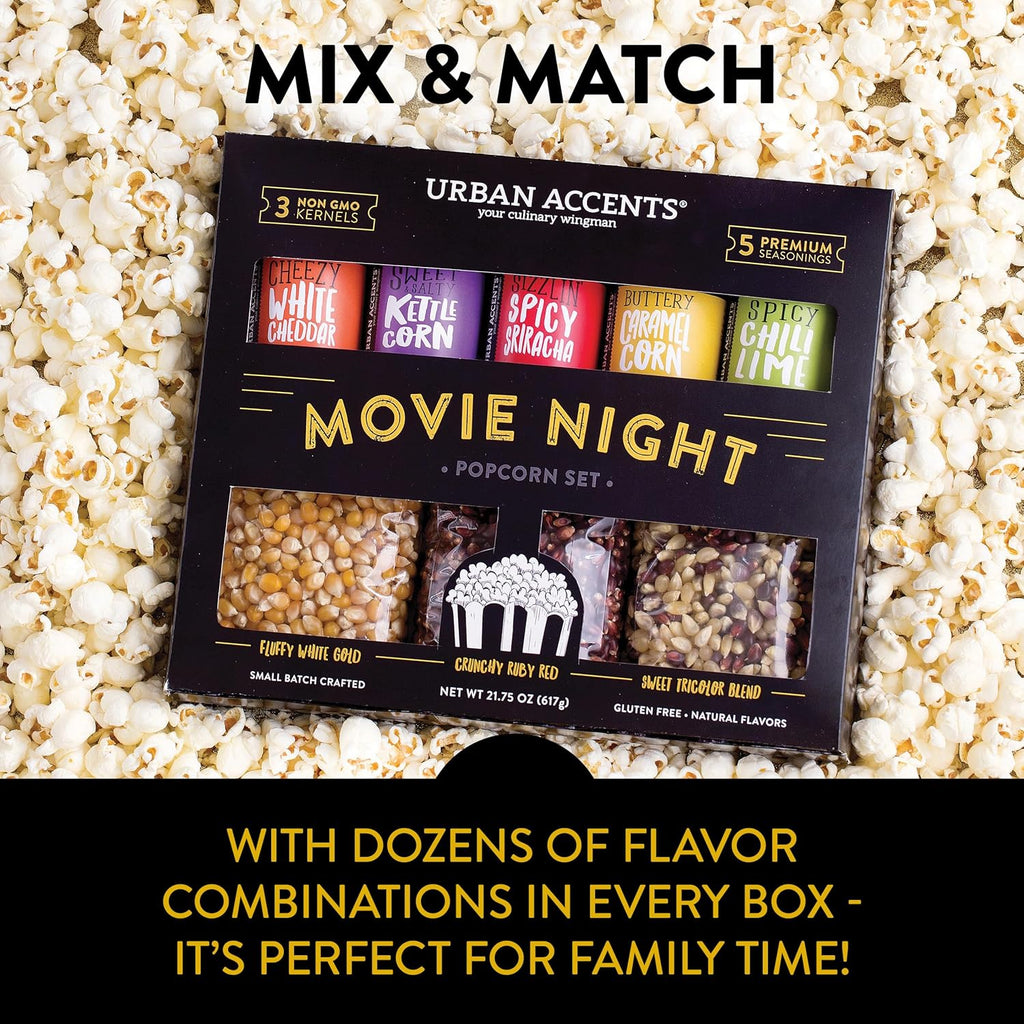 Movie Night Small-Batch Popcorn Gift Set – Includes 3 Gourmet Non-Gmo Popcorn Kernel Varieties & 5 Flavorful Seasonings – Perfect Snack Gift Box for Parties, Holidays, or Movie Lovers