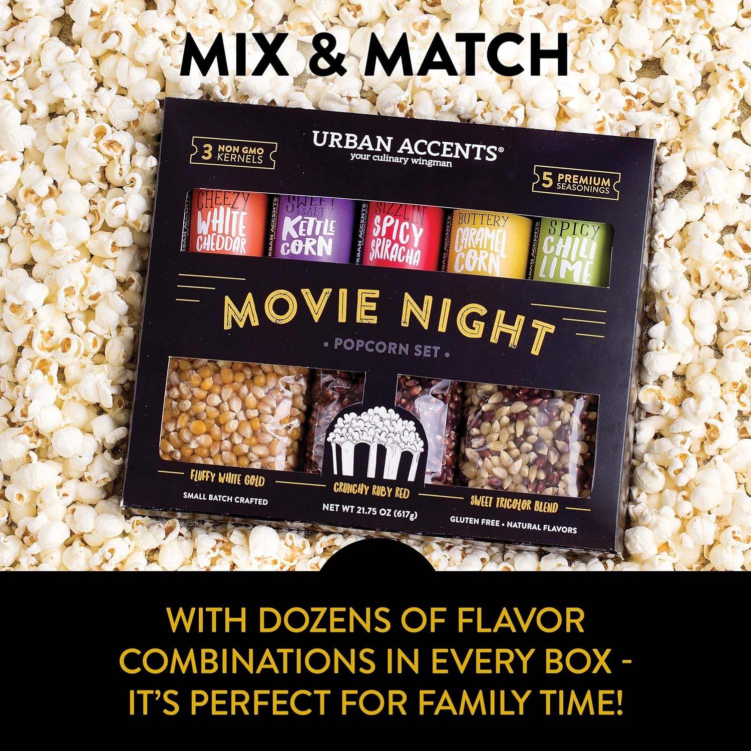 Movie Night Small-Batch Popcorn Gift Set – Includes 3 Gourmet Non-Gmo Popcorn Kernel Varieties & 5 Flavorful Seasonings – Perfect Snack Gift Box for Parties, Holidays, or Movie Lovers
