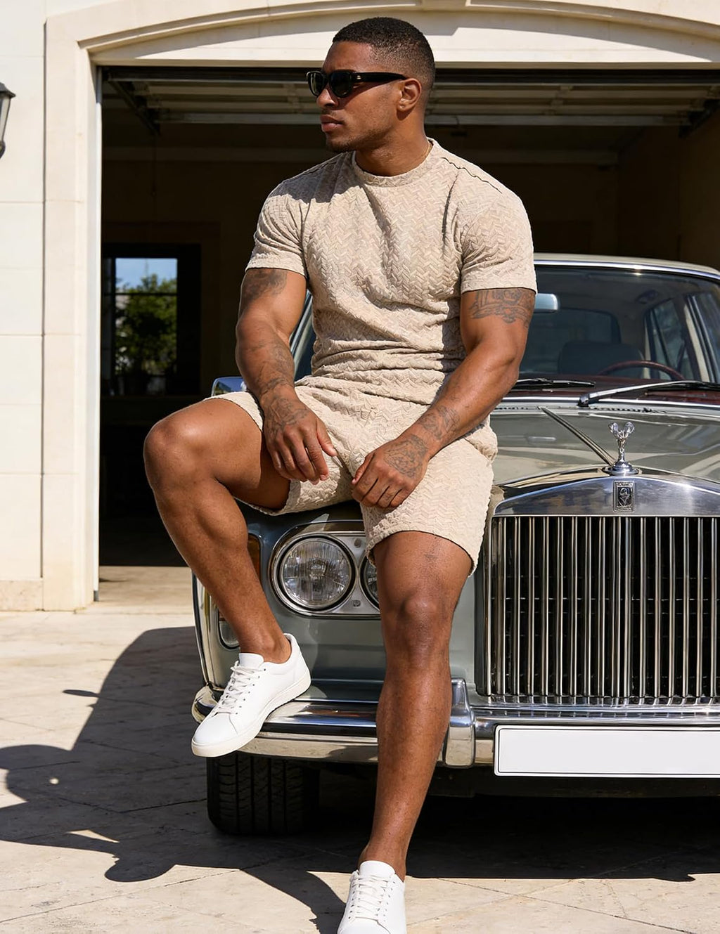 Mens Summer Outfits 2 Piece Short Set Casual Track Suits Matching Crew Neck Shirt and Vacation Shorts