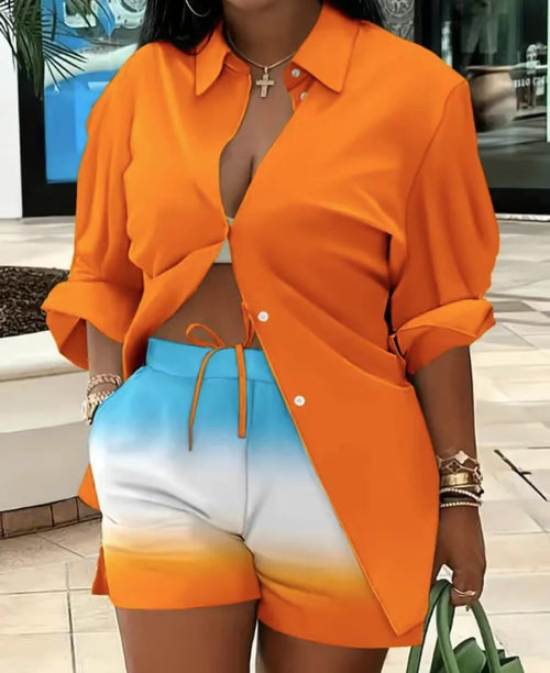 2 Piece Outfits for Women Long Sleeve Printed Shirt and Elastic Lace-Up Shorts with Pockets Beach Vacation Clothes