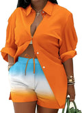 2 Piece Outfits for Women Long Sleeve Printed Shirt and Elastic Lace-Up Shorts with Pockets Beach Vacation Clothes