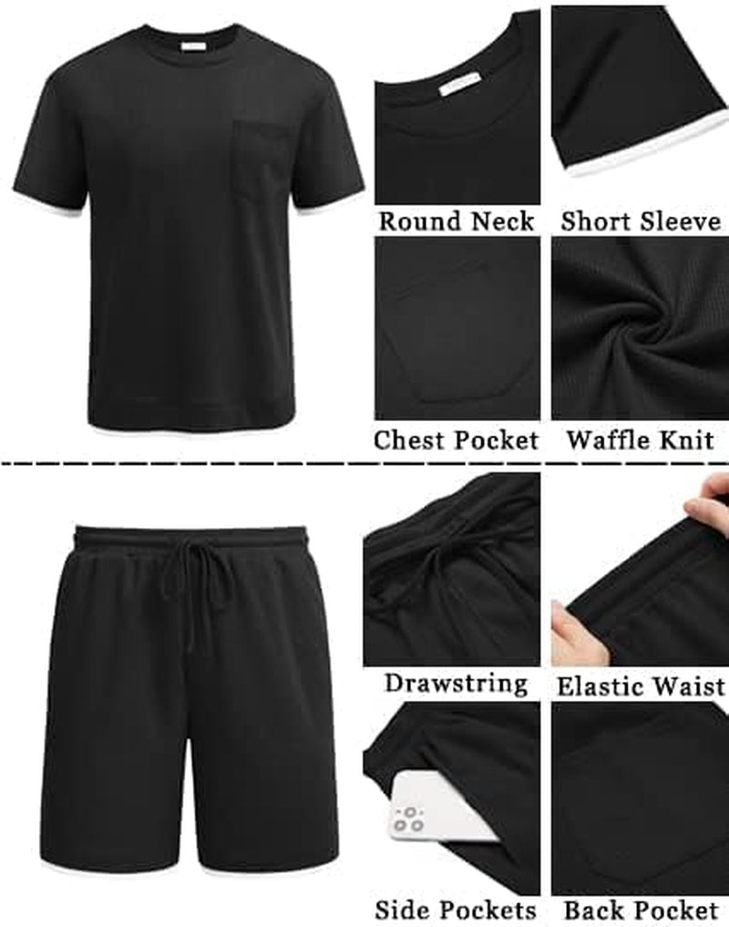 Men'S Waffle Shirt and Shorts Set 2 Piece Outfits Casual Summer Tracksuits Set with Pockets