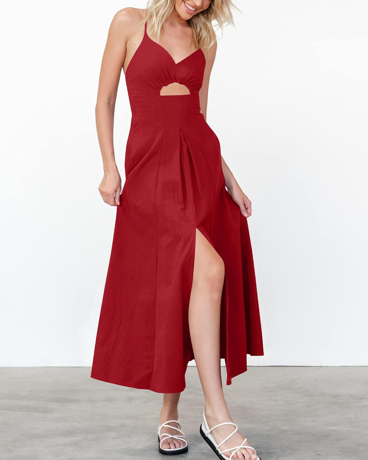 Women 2026 Spaghetti Strap Midi Summer Dresses Sleeveless V Neck Cutout Slit Casual Beach Party Maxi Dress Pockets