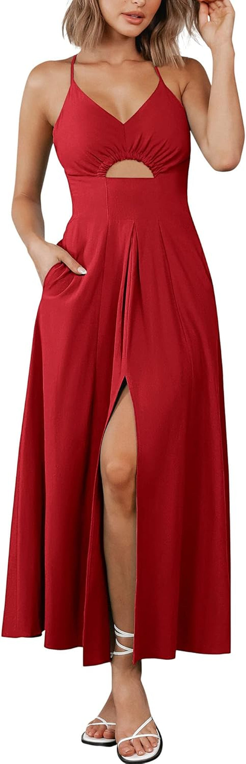 Women 2026 Spaghetti Strap Midi Summer Dresses Sleeveless V Neck Cutout Slit Casual Beach Party Maxi Dress Pockets