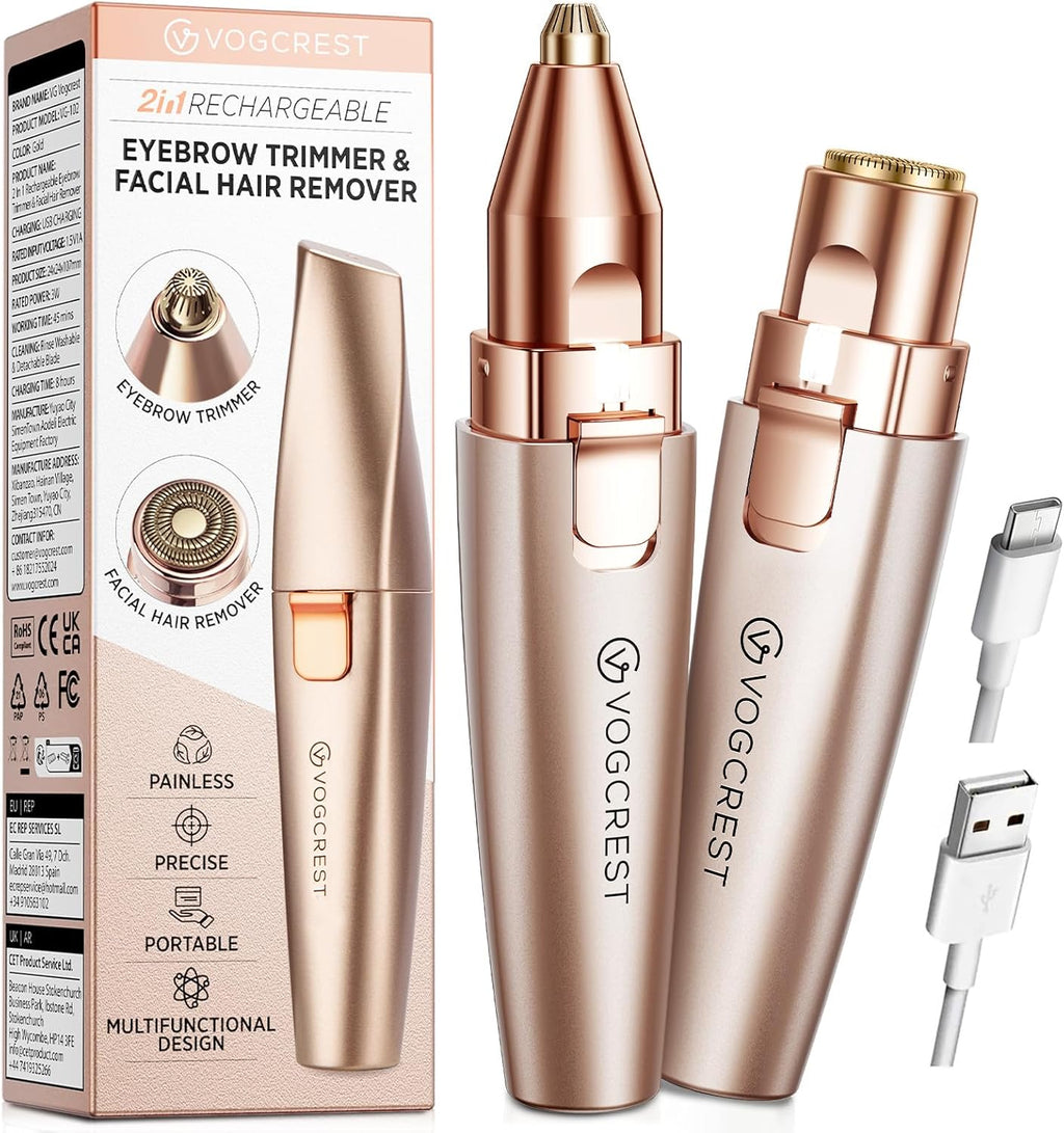 Eyebrow & Facial Trimmer: 2 In1 Rechargeable Facial Hair Removal & Eyebrow Shaver - Body Razor with Built-In LED Light (Rose Gold)