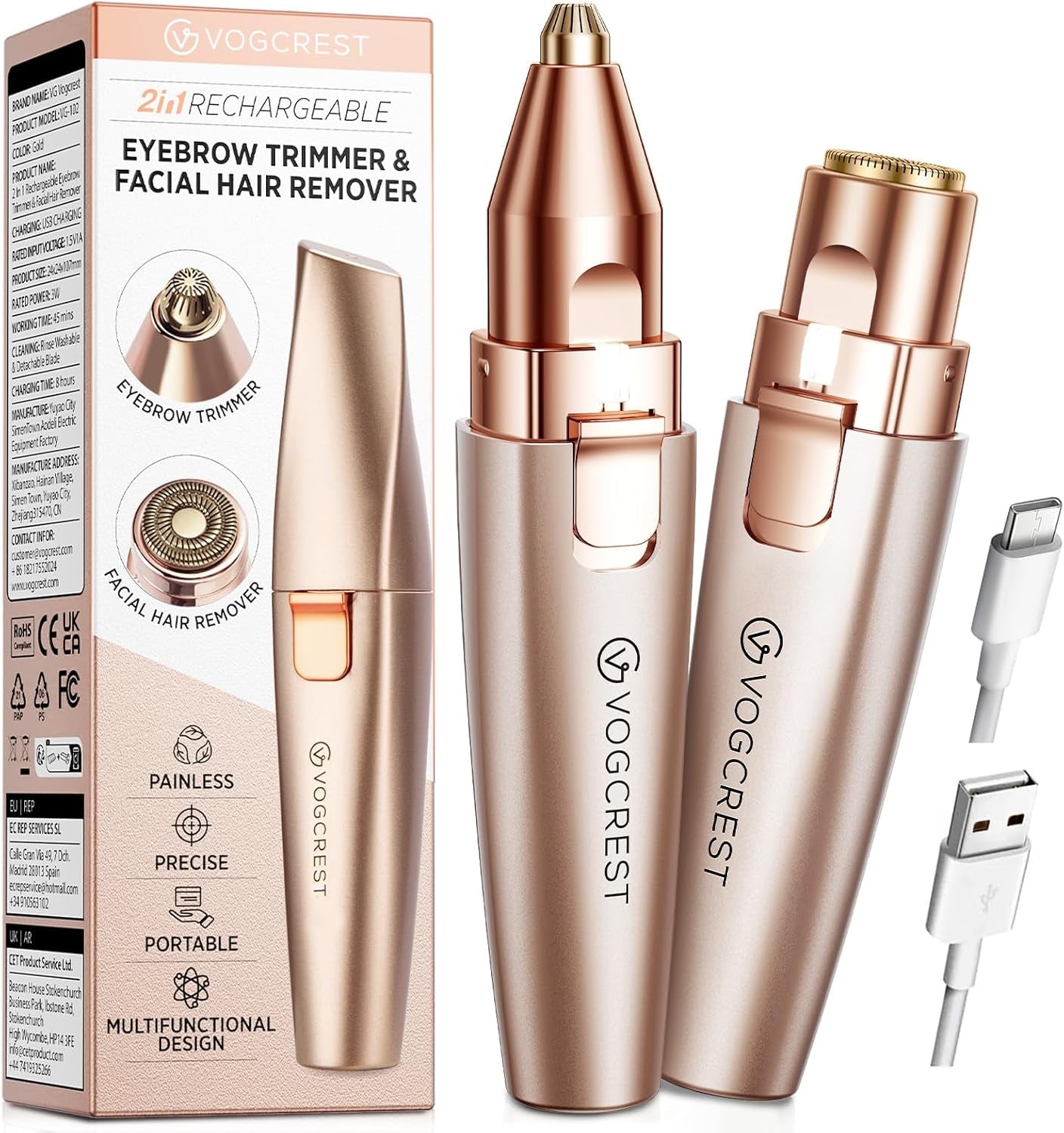 Eyebrow & Facial Trimmer: 2 In1 Rechargeable Facial Hair Removal & Eyebrow Shaver - Body Razor with Built-In LED Light (Rose Gold)