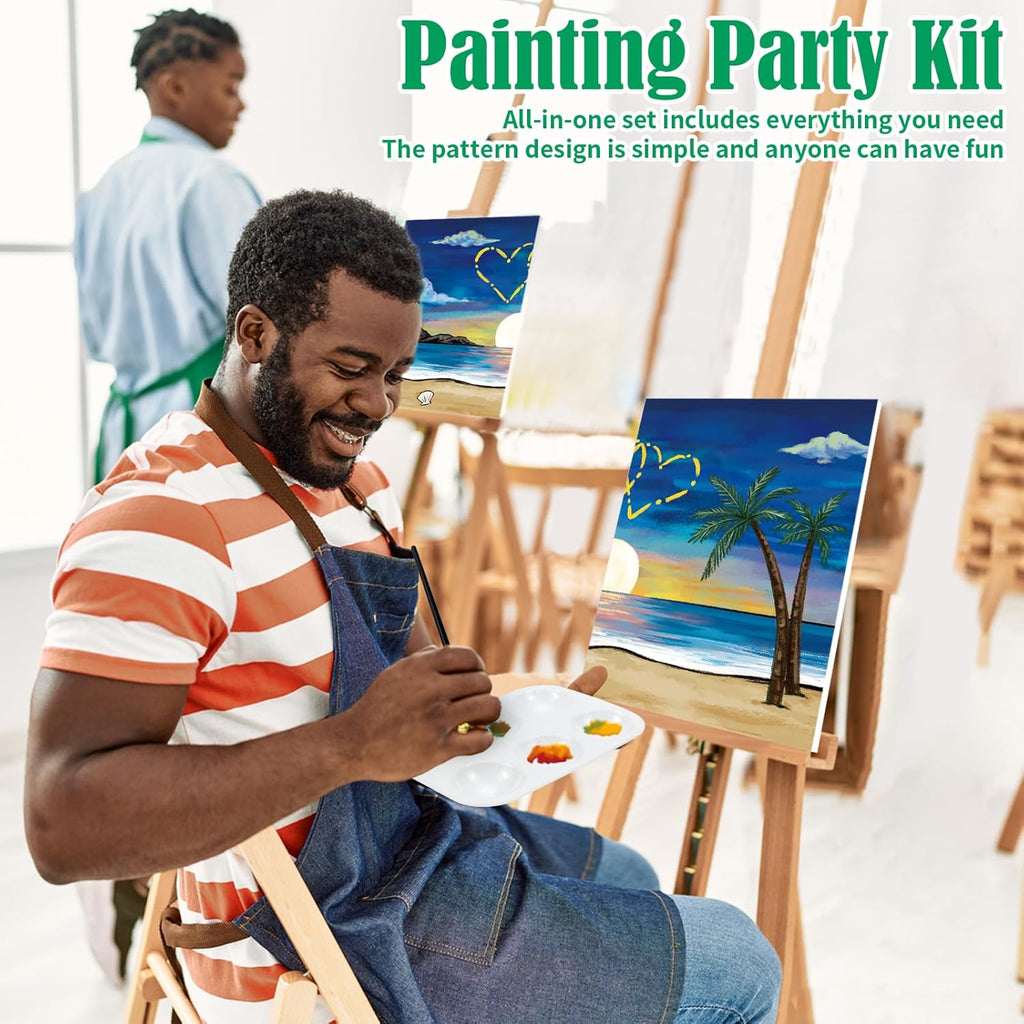 2 Pack Sip and Paint Kit Pre Drawn Canvas for Painting for Adults Couples Date Night Games Outline Canvas Party Art Set Paints Brushes Pallets Valentine (12X16 Inches, Beach and Heart)