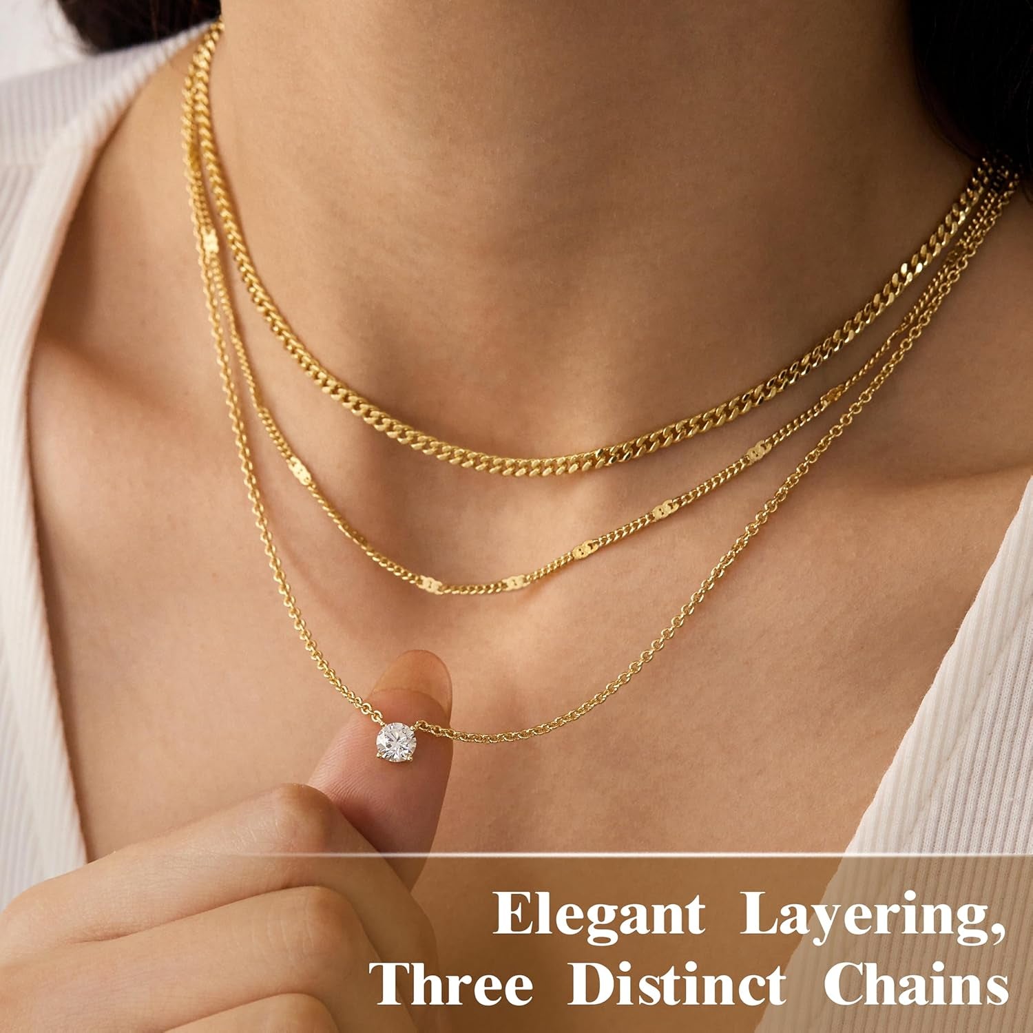 Layered Gold Necklaces for Women, 14K Gold Sterling Silver Plated Dainty Pendant Necklace Set Non Tarnish, Chunky Stackable Cuban Chain Choker, Trendy Personalized Birthstone Jewelry Gift for Mom