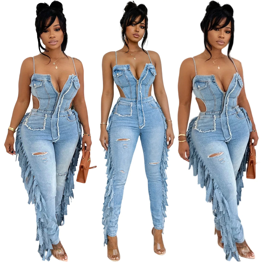 Hollow Out Tassel Jeans Jumpsuit Sexy Women Spaghetti Strap Elegant Streetwear Denim Pencil Overalls Romper