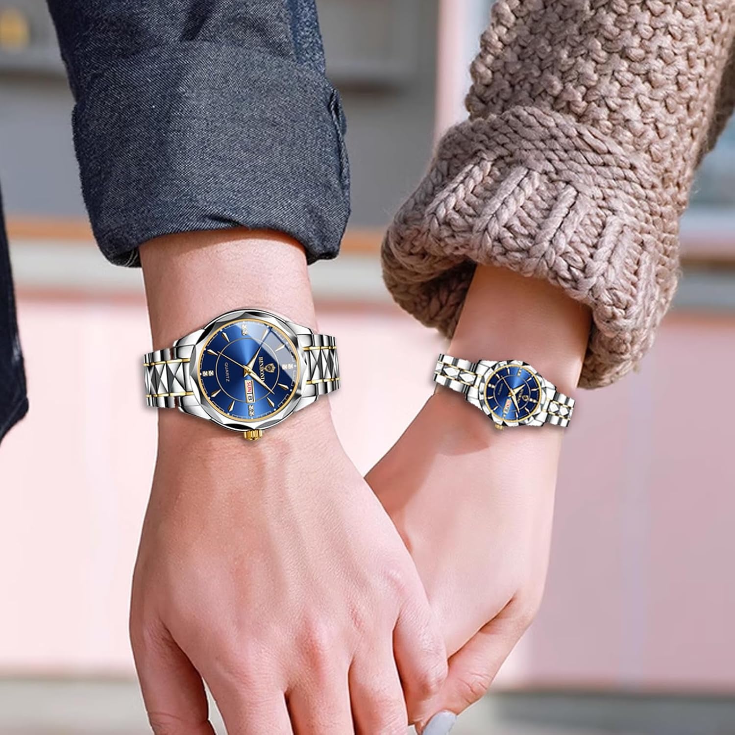 Valentines Couple Pair Watches Men and Women Luminous Calendar Waterproof Gold Silver Stainless Steel Quartz Watch Blue Face His and Hers Watches Set Lovers Set of 2