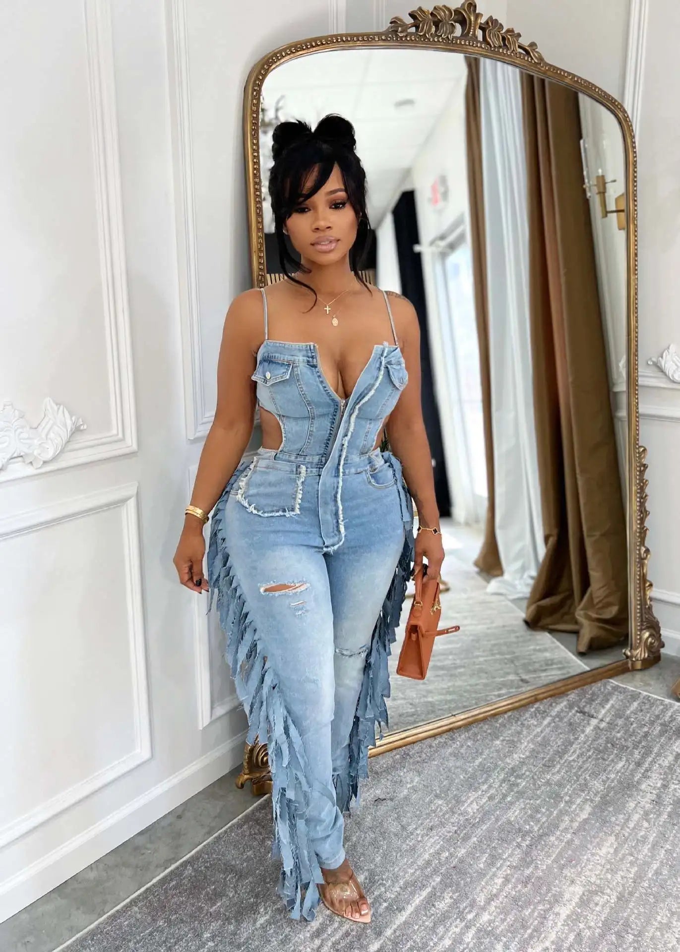 Hollow Out Tassel Jeans Jumpsuit Sexy Women Spaghetti Strap Elegant Streetwear Denim Pencil Overalls Romper