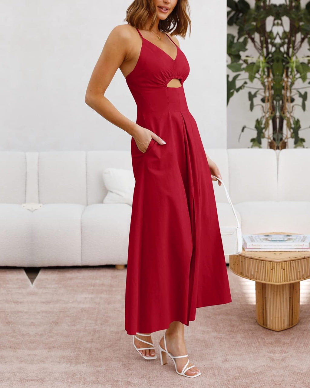 Women 2026 Spaghetti Strap Midi Summer Dresses Sleeveless V Neck Cutout Slit Casual Beach Party Maxi Dress Pockets