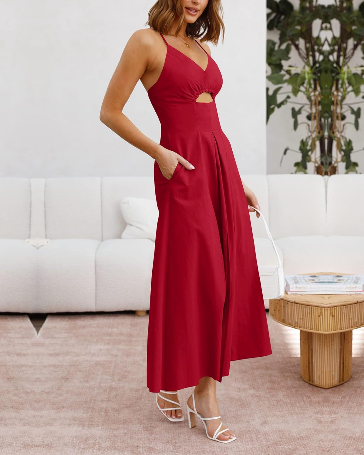 Women 2026 Spaghetti Strap Midi Summer Dresses Sleeveless V Neck Cutout Slit Casual Beach Party Maxi Dress Pockets