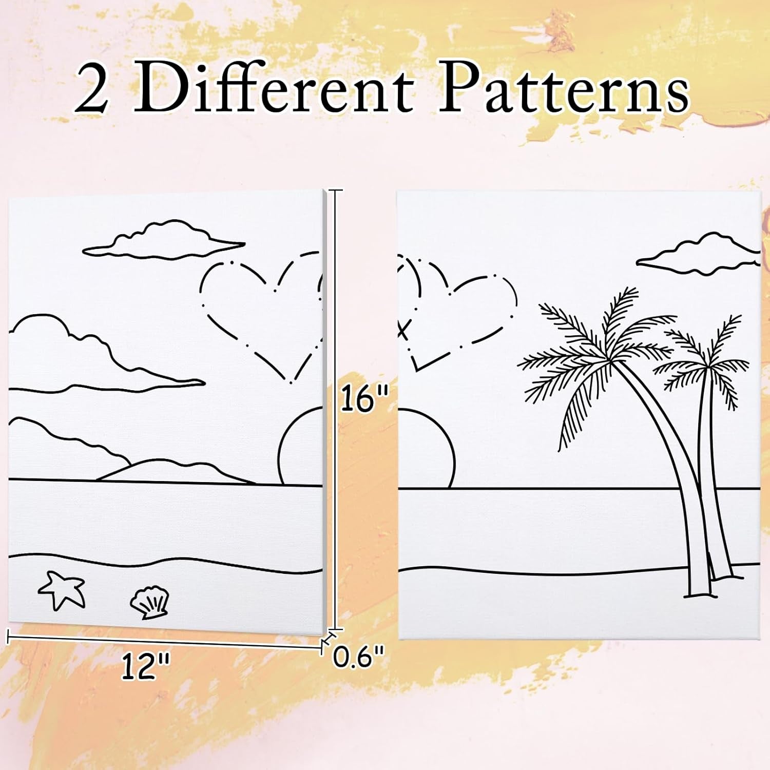 2 Pack Sip and Paint Kit Pre Drawn Canvas for Painting for Adults Couples Date Night Games Outline Canvas Party Art Set Paints Brushes Pallets Valentine (12X16 Inches, Beach and Heart)