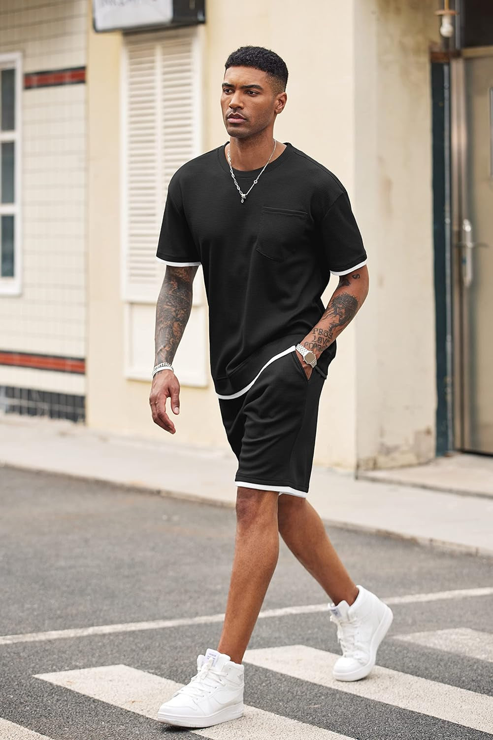 Men'S Waffle Shirt and Shorts Set 2 Piece Outfits Casual Summer Tracksuits Set with Pockets