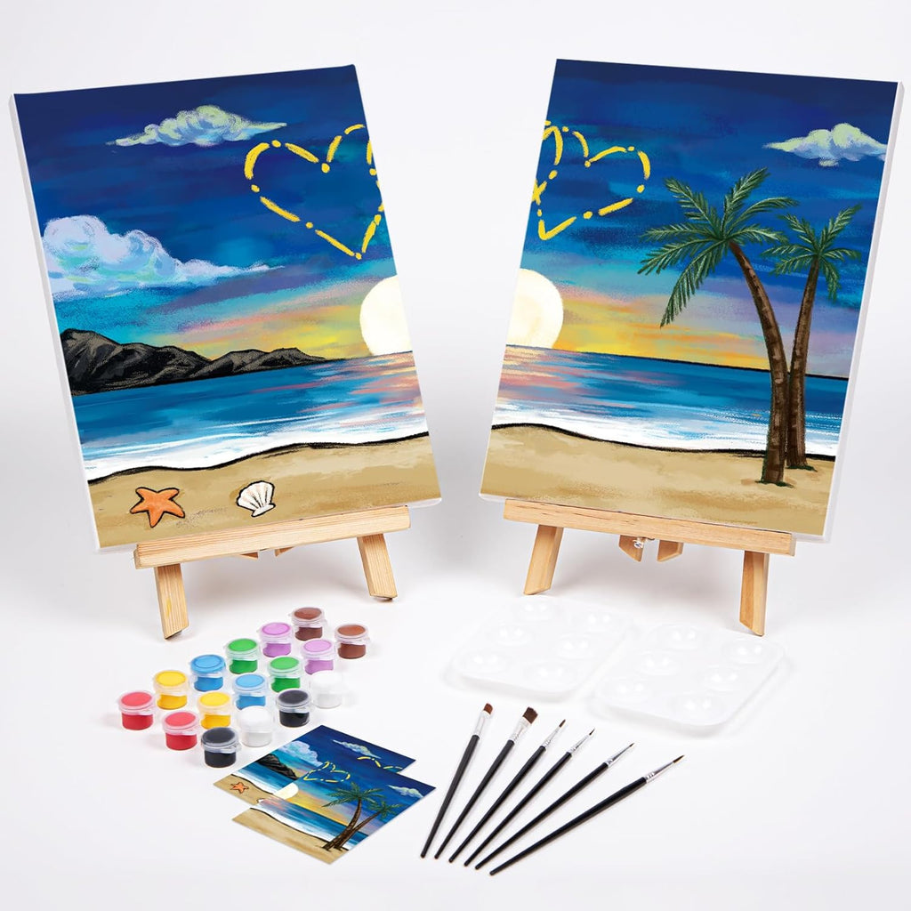 2 Pack Sip and Paint Kit Pre Drawn Canvas for Painting for Adults Couples Date Night Games Outline Canvas Party Art Set Paints Brushes Pallets Valentine (12X16 Inches, Beach and Heart)