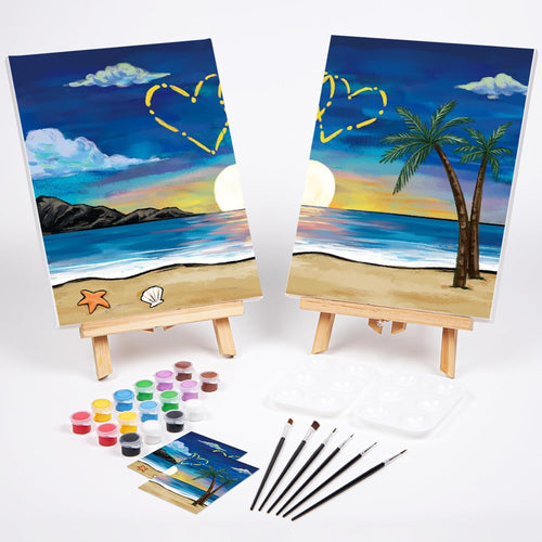 2 Pack Sip and Paint Kit Pre Drawn Canvas for Painting for Adults Couples Date Night Games Outline Canvas Party Art Set Paints Brushes Pallets Valentine (12X16 Inches, Beach and Heart)