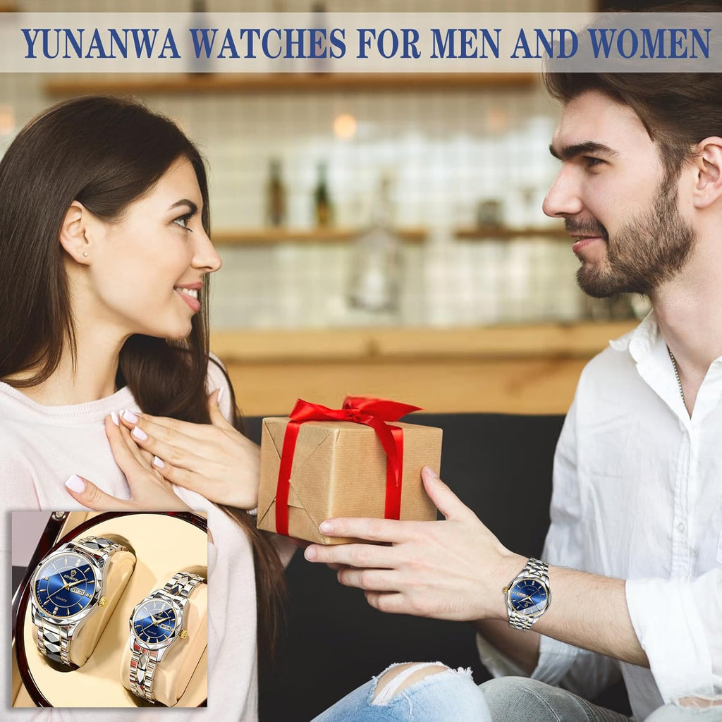 Valentines Couple Pair Watches Men and Women Luminous Calendar Waterproof Gold Silver Stainless Steel Quartz Watch Blue Face His and Hers Watches Set Lovers Set of 2
