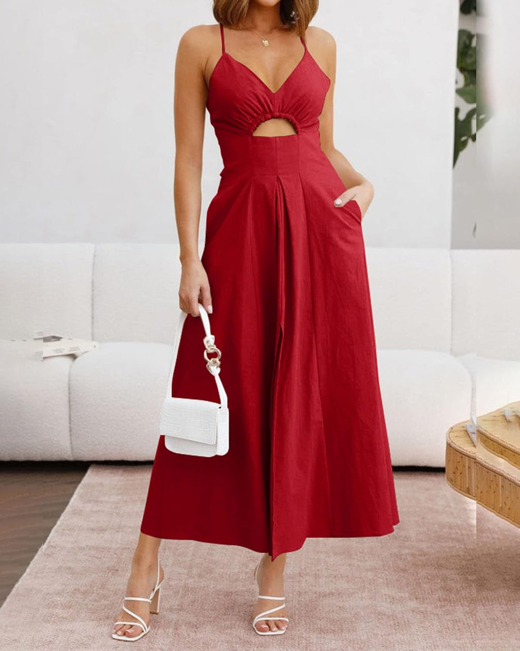 Women 2026 Spaghetti Strap Midi Summer Dresses Sleeveless V Neck Cutout Slit Casual Beach Party Maxi Dress Pockets