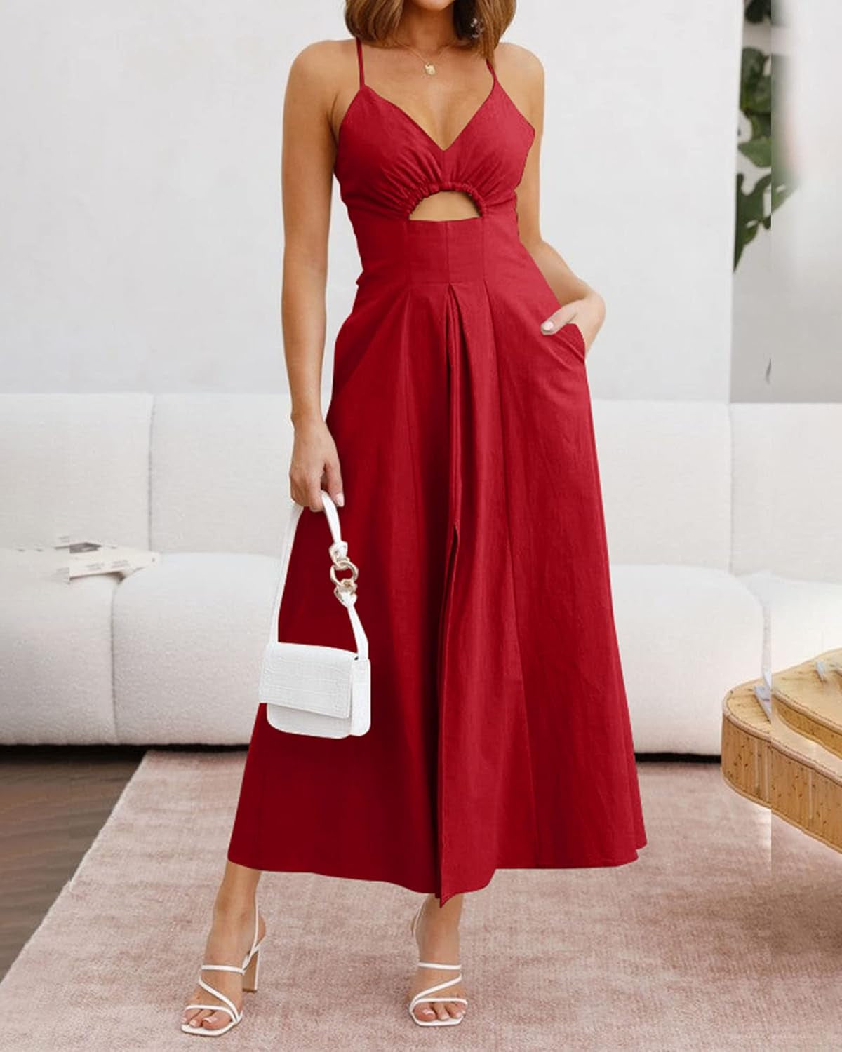 Women 2026 Spaghetti Strap Midi Summer Dresses Sleeveless V Neck Cutout Slit Casual Beach Party Maxi Dress Pockets