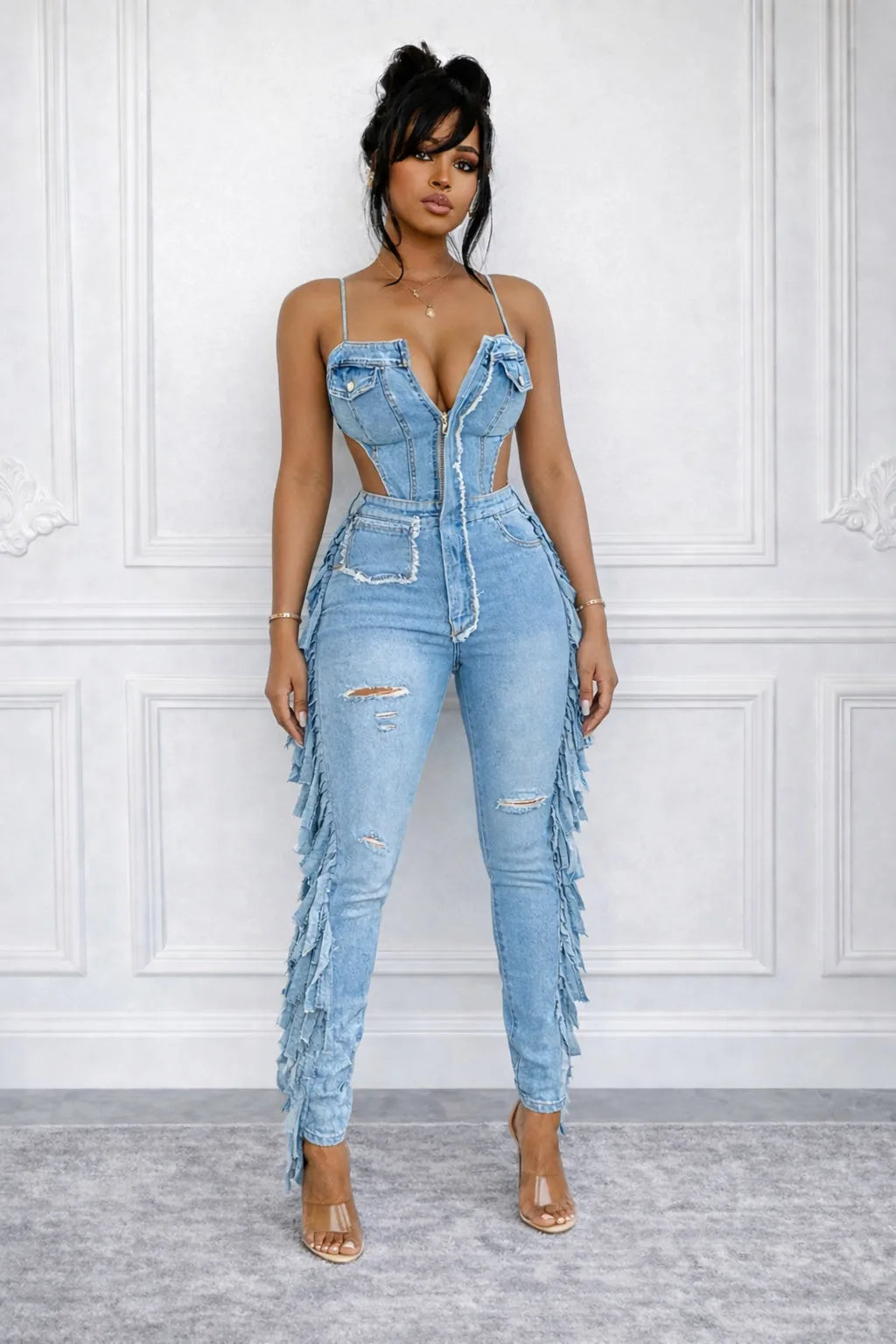Hollow Out Tassel Jeans Jumpsuit Sexy Women Spaghetti Strap Elegant Streetwear Denim Pencil Overalls Romper