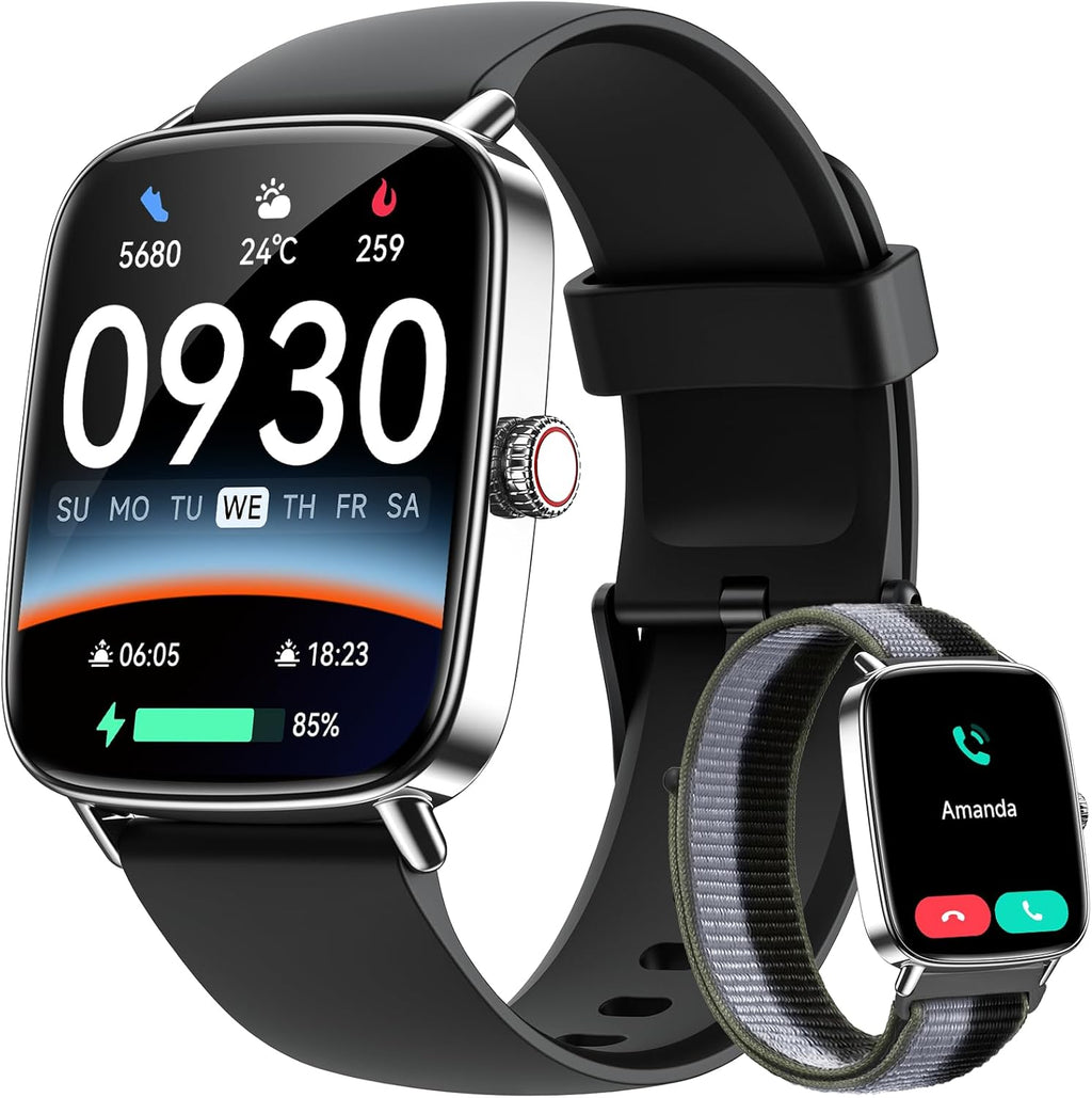 Smart Watch for Women Men, 1.85" HD AMOLED Fitness Tracker (Answer/Call) with 24/7 Heart Rate/Sleep/Spo2 Monitor for Iphone & Android, 120+ Sports Modes Smartwatch with IP68 Waterproof, 2 Bands