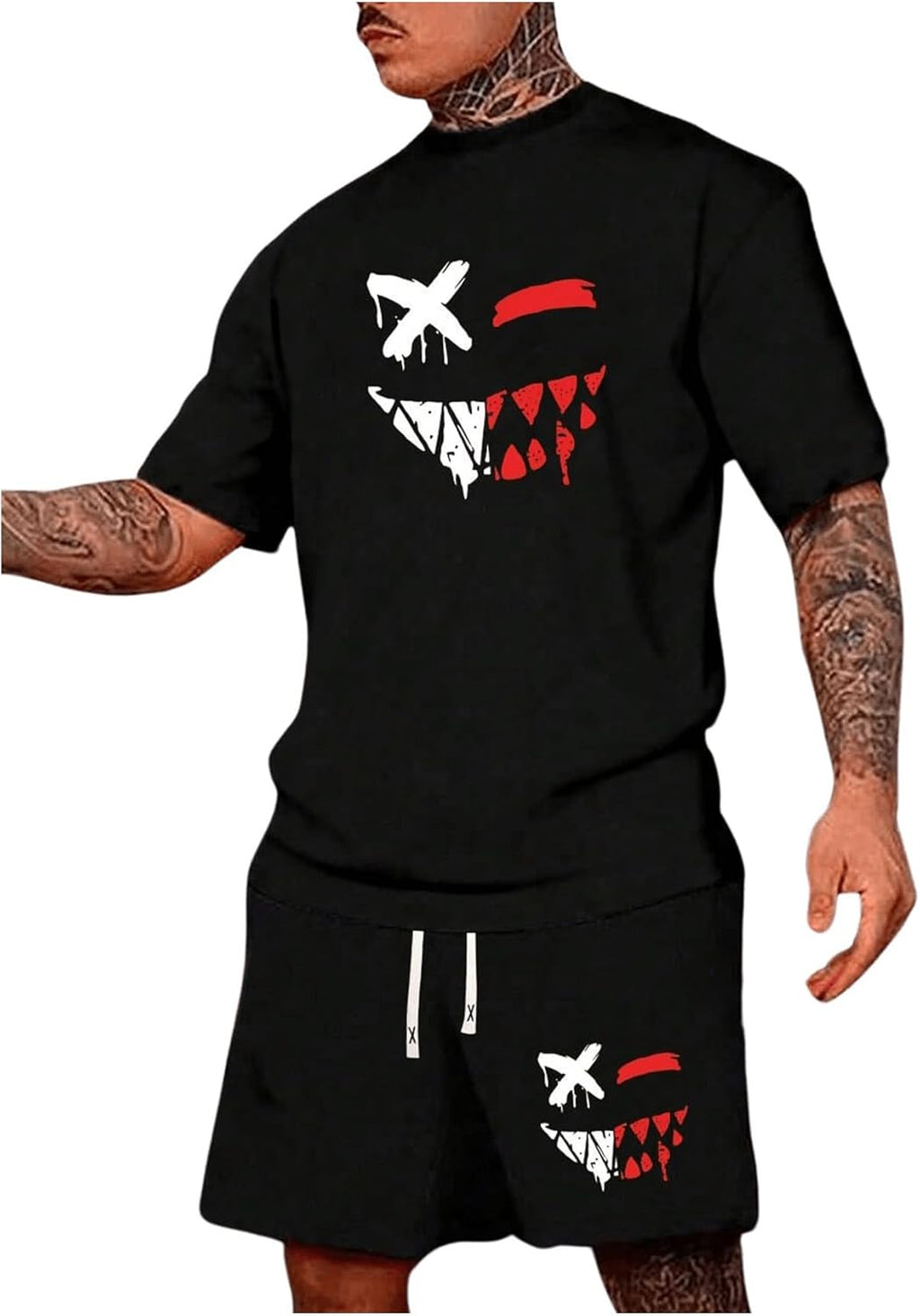 Men'S 2 Piece Short Sets Graphic Print Short Sleeve T Shirts and Drawstring Shorts Clothing Set