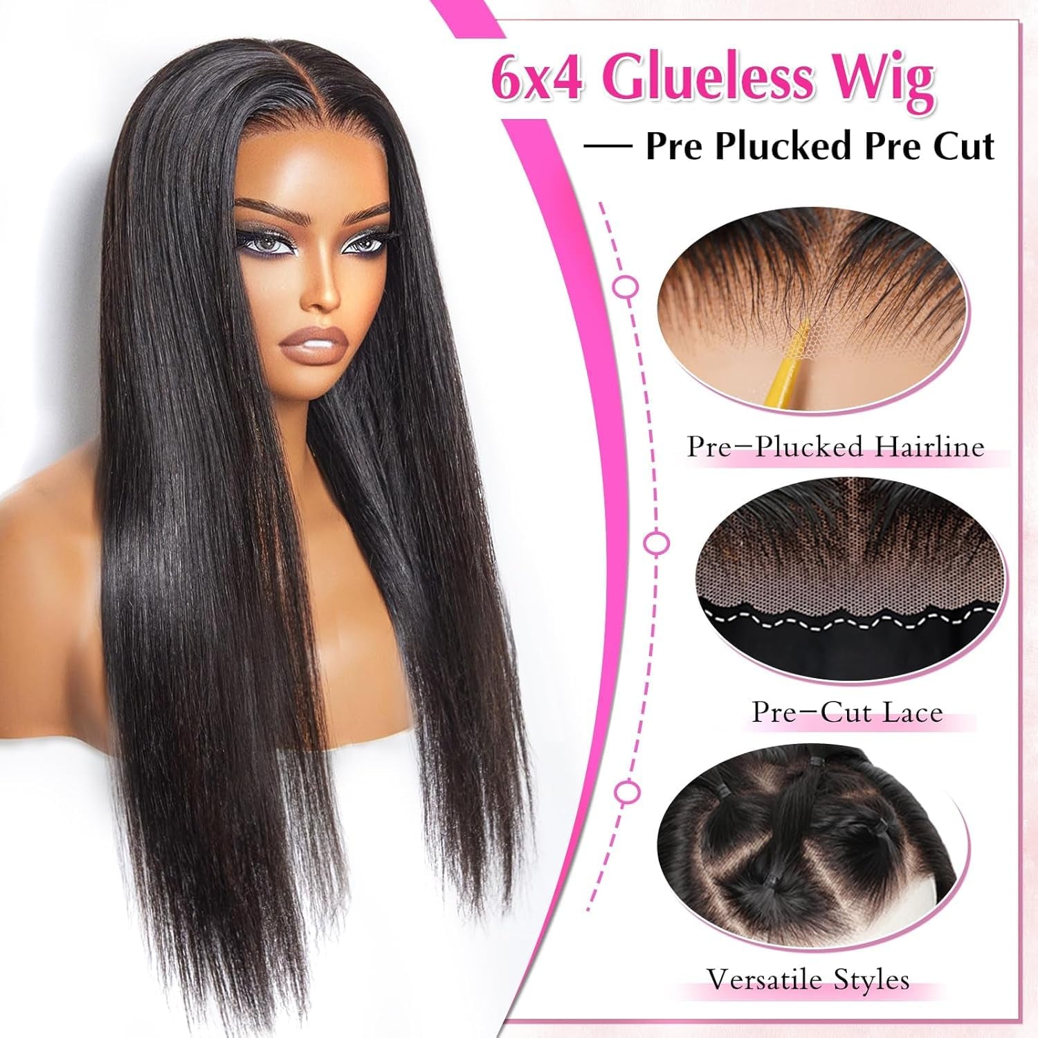 Wear and Go Glueless Wigs Human Hair Pre Plucked Pre Cut 180% Density 6X4 Ready to Wear Glueless Human Hair Wigs Straight for Black Women 20 Inch