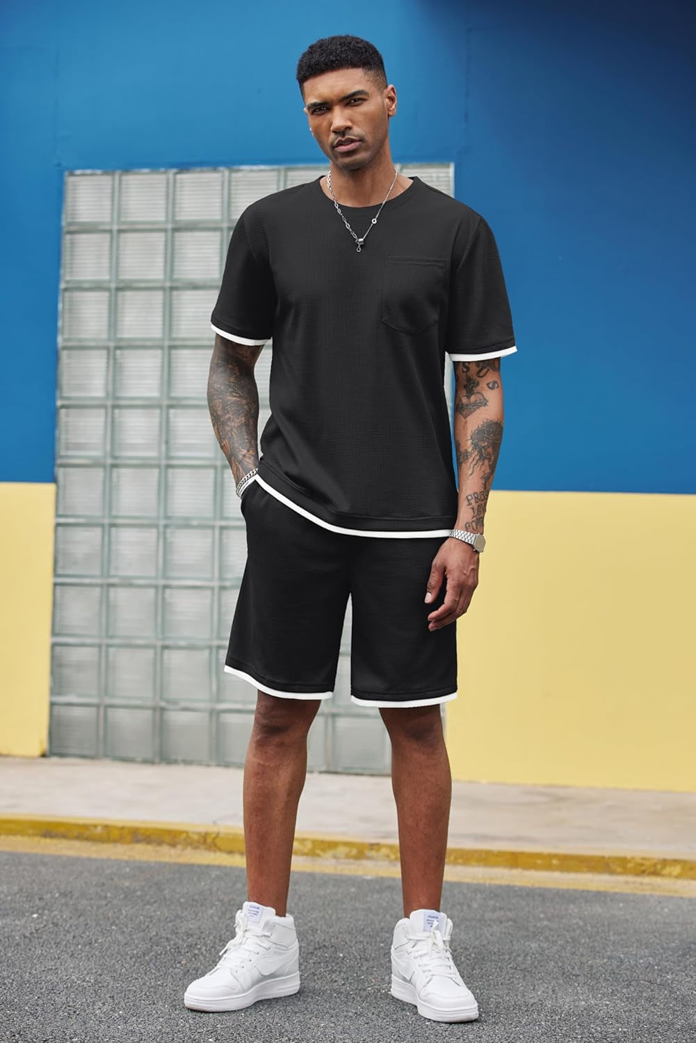 Men'S Waffle Shirt and Shorts Set 2 Piece Outfits Casual Summer Tracksuits Set with Pockets