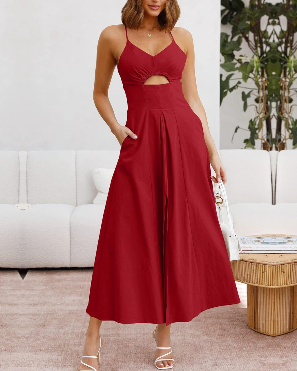 Women 2026 Spaghetti Strap Midi Summer Dresses Sleeveless V Neck Cutout Slit Casual Beach Party Maxi Dress Pockets