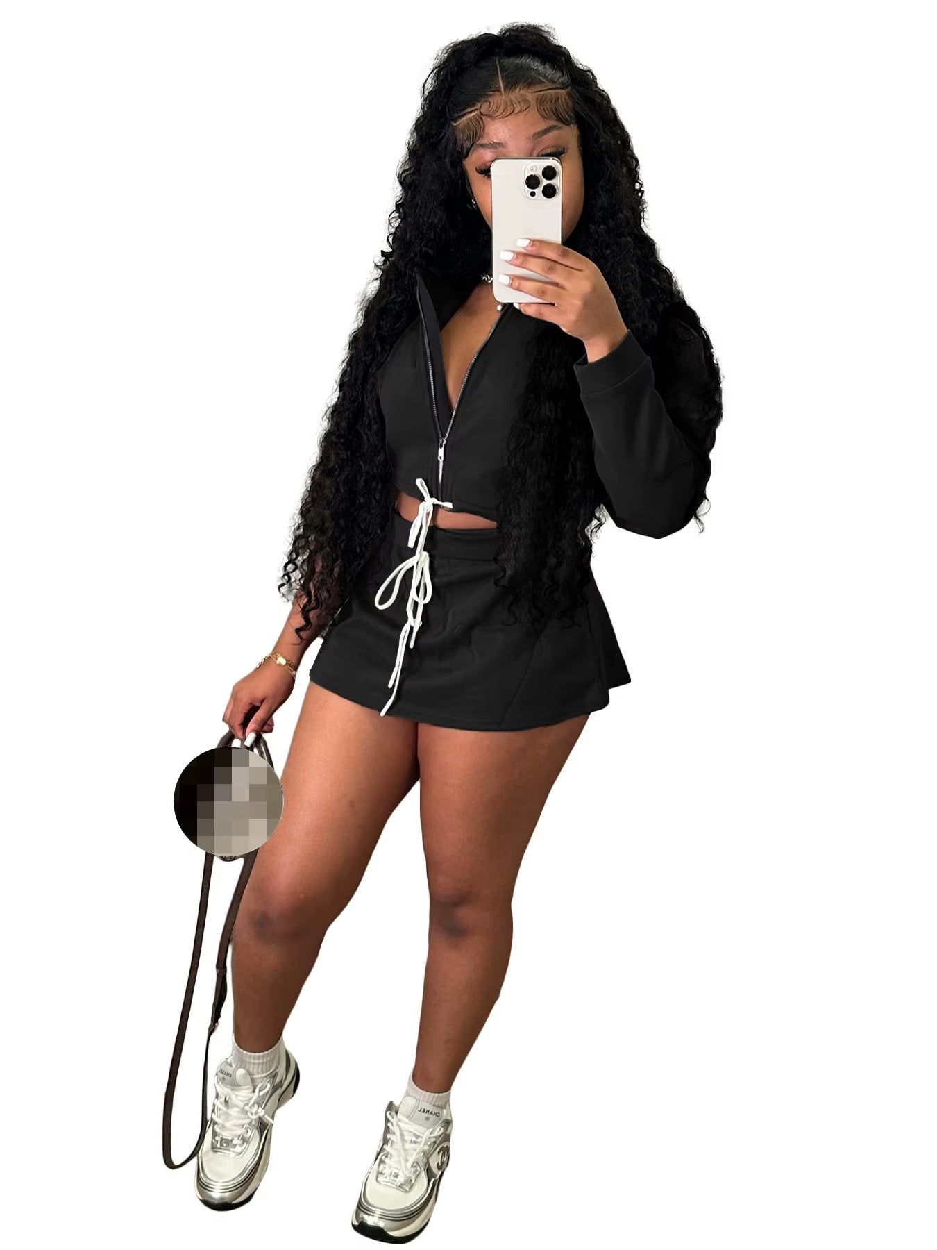 New Arrival Women Fashion Long Sleeve Turndown Neck Casual Crop Top Mini Skirt Shorts Women Casual Two Pieces Set