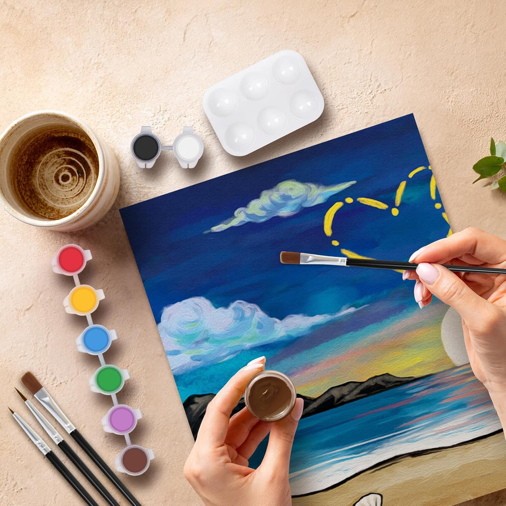 2 Pack Sip and Paint Kit Pre Drawn Canvas for Painting for Adults Couples Date Night Games Outline Canvas Party Art Set Paints Brushes Pallets Valentine (12X16 Inches, Beach and Heart)