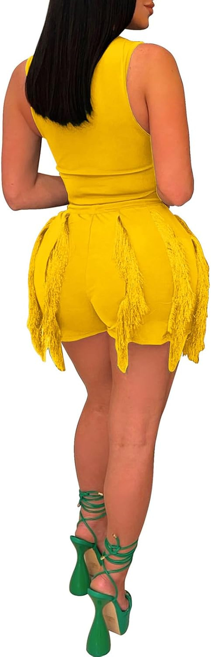Women 2 Piece Outfits Shorts Sets Sexy Solid Sleeveless Tops Fringe Tassel Shorts Jumpsuits Sweatsuit Clubwear