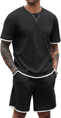 Men'S Waffle Shirt and Shorts Set 2 Piece Outfits Casual Summer Tracksuits Set with Pockets