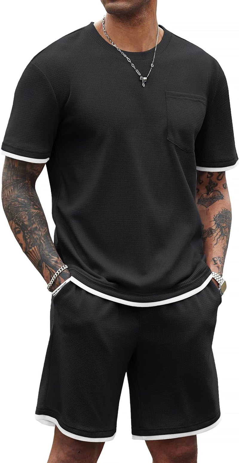 Men'S Waffle Shirt and Shorts Set 2 Piece Outfits Casual Summer Tracksuits Set with Pockets