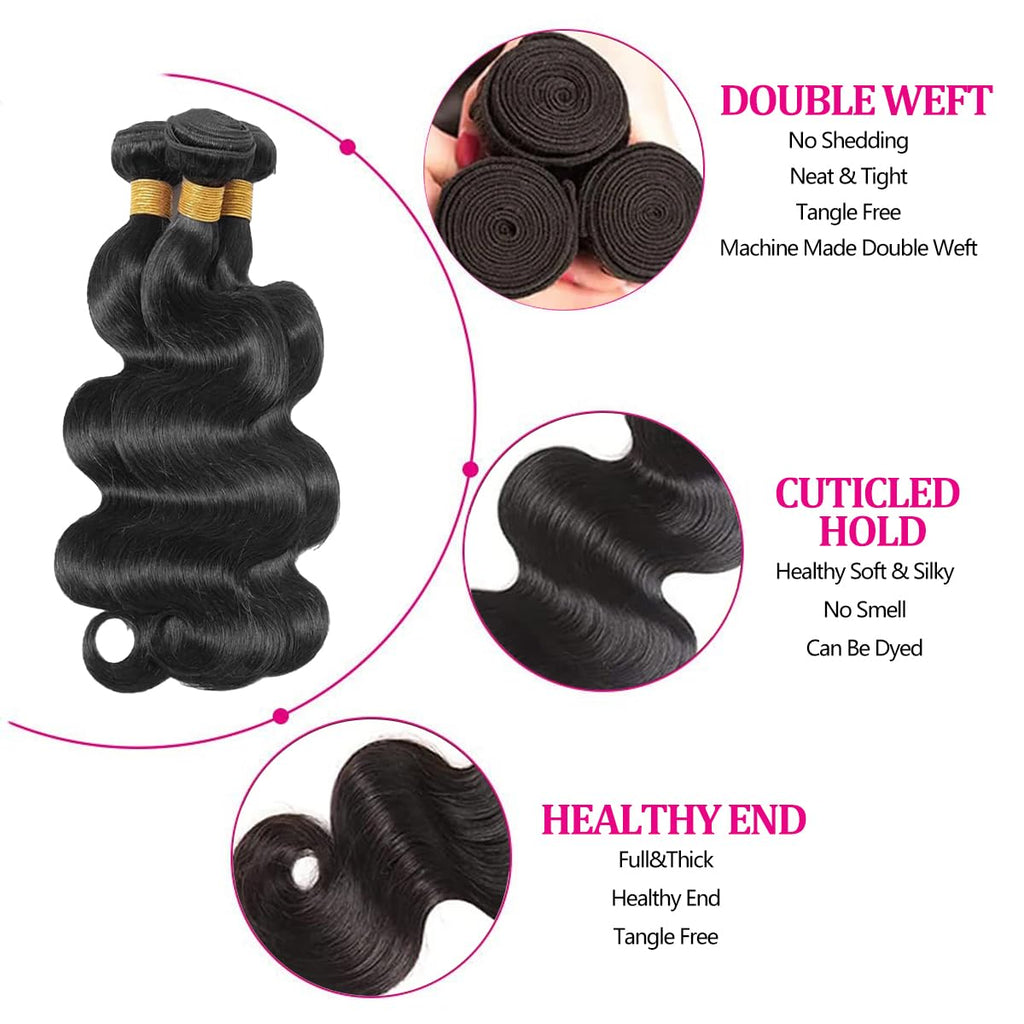 Body Wave Bundles Human Hair 14 16 18 Inch Human Hair Bundle 100% Unprocessed Brazilian Virgin Hair 3 Bundles Human Hair Extensions for Black Women Natural Color